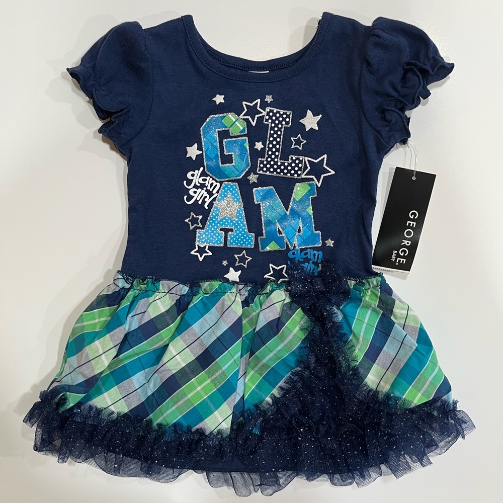 George Baby Glam Girl Blue/Green Plaid Mesh Dress 12 month